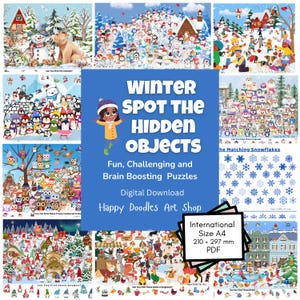 May include: A digital download featuring winter-themed spot-the-hidden-object puzzles. The image includes various scenes with snowmen, animals, and people, along with the text "WINTER SPOT THE HIDDEN OBJECTS". The puzzles are designed to be fun and challenging.
