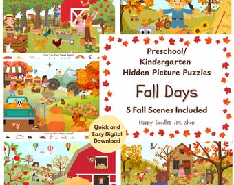 Preschool, Kindergarten Hidden Picture Puzzles - 5 Scenes - Fall Days Theme - Instant Digital Download
