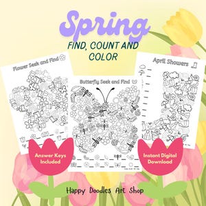 Springtime I Spy Type Game, Find, Count and Color Bundle.  3 Seek and Find Puzzles in unique shapes: A flower filled with rainbows, bees, flowers pots,seedlings and ladybugs; A Butterfly shape filled with caterpillars, birds, flowers, sun, leaves and more; a rain boot (good for boys) filled with umbrellas, raincoats and boots, frogs, rainbows snails and lightening bolts.  Instant Digital Download Printable. Happy Doodles Art Shop