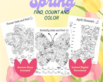 Spring I-Spy Bundle: 3 Count and Color Shaped Puzzles; Butterfly, Flower, Rain Boot, Seek and Find, Springtime Search & Find Kids Printable