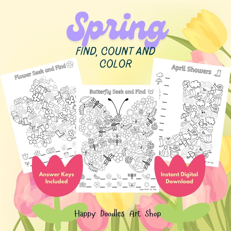 Springtime I Spy Type Game, Find, Count and Color Bundle.  3 Seek and Find Puzzles in unique shapes: A flower filled with rainbows, bees, flowers pots,seedlings and ladybugs; A Butterfly shape filled with caterpillars, birds, flowers, sun, leaves and more; a rain boot (good for boys) filled with umbrellas, raincoats and boots, frogs, rainbows snails and lightening bolts.  Instant Digital Download Printable. Happy Doodles Art Shop