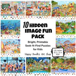 Paquete de 10 juegos de imágenes ocultas para niños: Rompecabezas de búsqueda (descarga digital) - Carta de EE. UU.