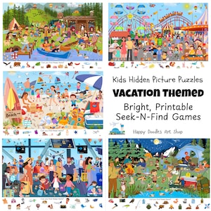 Juegos de imágenes ocultas con temática vacacional - Pack de 5: Rompecabezas de búsqueda para niños (Descarga digital)