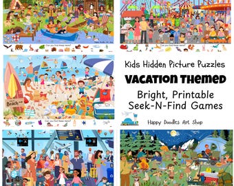 Vacation-Themed Hidden Picture Games - 5 Pack: Kids Search & Find Puzzles (Digital Download)