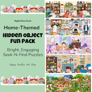 At Home Hidden Picture Printable Puzzles 5-Pack | Colorful Search and Find Games (Digital Download)
