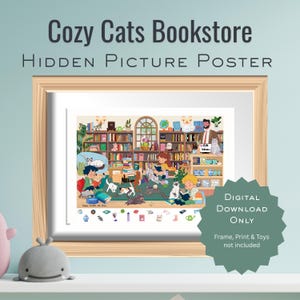 Cozy Cats Bookstore Hidden Picture Poster: Seek and Find Wall Art (Digital Download)
