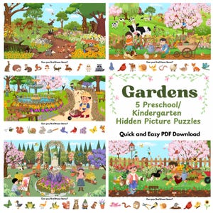 May include: A colorful digital illustration of "Gardens" themed hidden picture puzzles for preschool and kindergarten children. The image features various garden scenes with people, animals, and flowers. Text includes "Can you find these items?" and "Quick and Easy PDF Download."