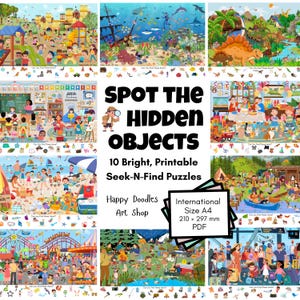 Könnte beinhalten: Ein farbenfrohes Bild mit zehn druckbaren Such- und Find-Puzzles. Szenen umfassen einen Spielplatz, eine Unterwasserwelt und ein Klassenzimmer. Der Text lautet "SPOT THE HIDDEN OBJECTS" und "International Size A4 210 x 297 mm PDF".