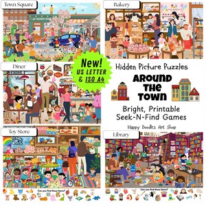 Around Town Hidden Picture Puzzle 5-Pack | Printable Search-and-Find Activities | US Letter & A4