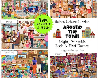 Rund um die Stadt verstecktes Bilderpuzzle 5er-Pack | Druckbare Suchen-und-Finden-Aktivitäten | US Letter & A4
