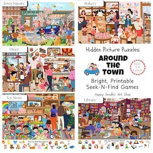 Rund um die Stadt verstecktes Bilderpuzzle 5er-Pack | US Letter Printable Suchen-und-Finden-Aktivitäten