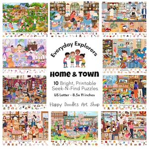以下が含まれることがあります： 10個の明るく印刷可能な、探し絵パズル。パズルは「Home & Town」をテーマにしており、USレターサイズ（21.6 x 27.9 cm）です。パズルはHappy Doodles Art Shopのものです。「Everyday Explorers」というテキストが含まれています。