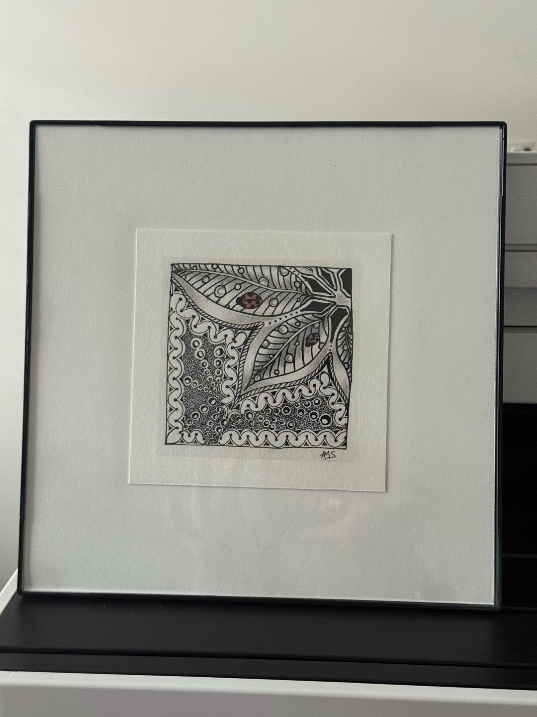 Framed Ladybug Zentangle Art, Ink on Paper Drawing, Matted and