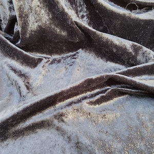 May include: Close-up of a dark, velvety fabric with a soft sheen. The material is draped in folds, creating shadows and highlights. The fabric appears to be a deep shade of black or charcoal, with a luxurious texture.