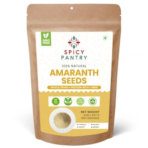 Può includere: Un sacchetto di carta marrone di semi di amaranto Spicy Pantry. La confezione presenta la scritta "AMARANTH SEEDS" e "WHOLE GRAIN + PROTEIN-RICH + FIBER". Il peso netto è di 907 g e 190+ porzioni. La confezione riporta anche la scritta "GMO FREE" e "VEGAN".