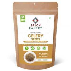 May include: A brown paper bag of Spicy Pantry celery seeds. The bag features the text "100% Natural Celery Seeds" and "Flavorful + Nutritious + Aromatic." The net weight is 2 lbs (907 g). The bag also has "GMO Free", "Vegan", and "Plant Based" labels.