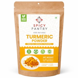 May include: A brown paper bag of turmeric powder from Spicy Pantry. The bag features the text "Turmeric Powder" in large yellow letters. The bag also includes the text "100% Natural", "Versatile + Aromatic + Flavorful", and "Net Weight 5 lbs | 2268 g".