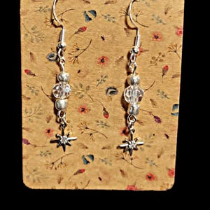 NORTH STAR - Twinkling Silver Star with Rhinestones and Clear Crystal Dangle Sterling Silver/Stainless Steel French Hook Earrings