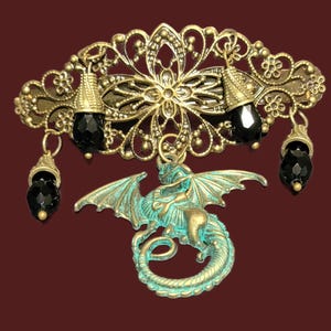 Dragon with crystal drops in antique bronze barrette - Fantasy Gothic