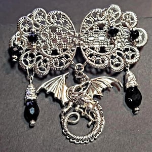 Dragon with crystal drops in silver barrette - Fantasy Gothic