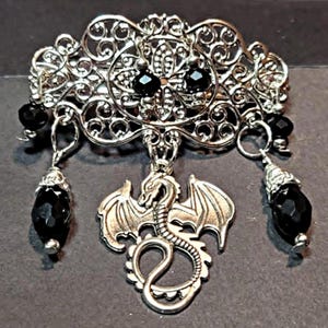 Dragon with crystal drops in silver barrette - Fantasy Gothic