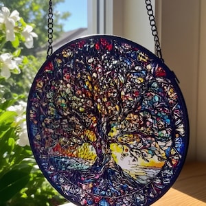 Stained Glass Tree of Life Suncatcher – Round Window Hanging | Colorful Glass Art for Home Decor, Spiritual Gift,