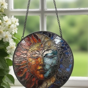 Stained Glass Sun and Moon Hanging Ornament – Round Window Suncatcher | Metal Frame with Chain | Mystical Celestial Home Decor