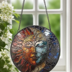 Sun and Moon Stained Glass Hanging Pendant | Celestial Window Decor | Cosmic Suncatcher Ornament,Housewarming Gifts,Home Decor Gift for Mom