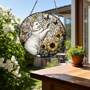 White Cat & Butterfly Round Stained Glass Suncatcher | Sunflower  Nature-Inspired Window Hanging | Handcrafted Art Glass with Metal Chain