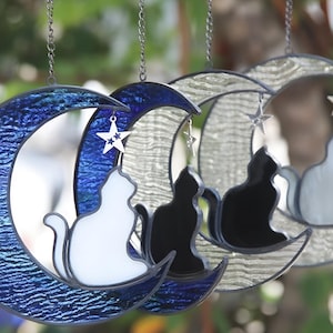 Moonlit Cats Stained Glass Crescent Pendants | Cat Lover Window Suncatcher | Celestial Glass Hanging Decor | Multiple Color Options