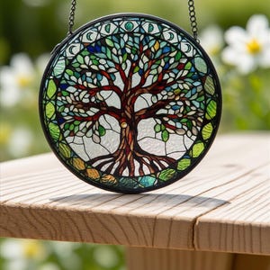 Round Stained Glass Tree of Life Charm – Colorful Window Hanging | Metal Frame Suncatcher | Nature-Inspired Art for Home Décor