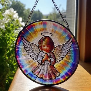 Stained Glass Angel Suncatcher – Praying Angel Window Hanging | Round Religious Glass Art Ornament,Easter's day gift, Christmas Gift