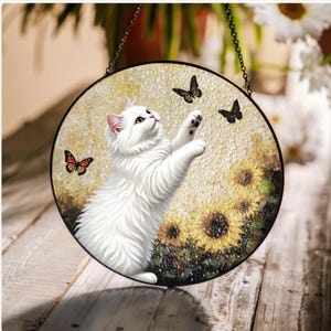 Stained Glass White Cat & Butterfly Charm – Round Window Hanging | Sunflower  Rustic Scene | Whimsical Cat Art Home Decor