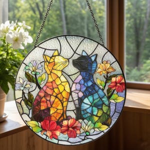 Colorful Cat Stained Glass Wall Hanging | Round Window Suncatcher with Floral Details | Cat Lover Gift | Artistic Home Décor