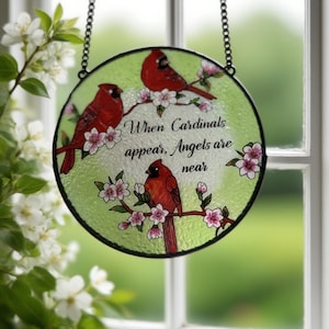 Round Stained Glass Cardinal Suncatcher | Metal Framed Window Hanging with Chain | Nature-Inspired Memorial Decor