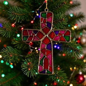 Stained Glass Cross Ornament – Colorful Hanging Pendant | Religious & Festive Decoration | Christmas Tree Charm with Lanyard