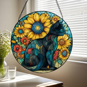 Black Cat & Sunflower Stained Glass Suncatcher – Round Glass Hanging Window Decor, Unique Home Decor, Gift Idea for Cat Lovers