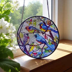 Stained Glass Birds on Branches Pendant | Tiffany-Style Hanging Window Decor | Colorful Round Suncatcher,Home Decor  Bird Window Decor