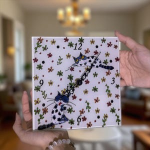 Custom Stained Glass Cat Clock | Square Wall Clock with Floral Design | Light-Catching Decor for Cat Lovers,gift for her