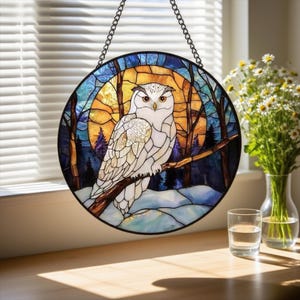 Snowy Owl Stained Glass Hanging Decoration,Christmas Ornament, Bird lovers, Housewarming gift,Window Art, Faux Stained Glass, Bird lover