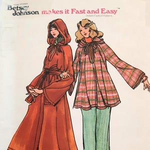 Vintage 70s Butterick 4428 UNCUT Misses Betsey Johnson Hooded Swing Dress, Top with Wide Legged Pants Plus Belt Jacket Sewing Pattern