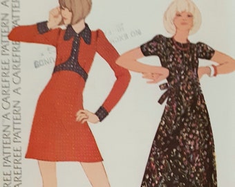 Vintage 70s McCalls 3789 UNCUT Misses Maxi Dress with Puff or Long Sleeves with Tie Belt Sewing Pattern Size 12 Bust 34