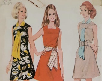 Vintage 60s McCalls 9754 Misses Square Neck Sleeveless Dress with Sash or Scarf Sewing Pattern Size 10 Bust 32.5