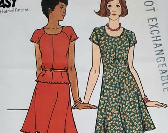 Vintage 70s Butterick 3780 Misses Raglan Sleeve Knit Dress or Top with Flared Skirt Sewing Pattern Size 8 Bust 31.5