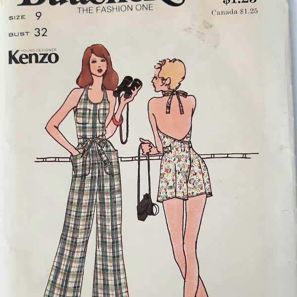Vintage des années 70 Butterick 3117 non-coupe Junior combinaison cache-cœur longue ou courte taille 9 buste 32 par le designer Kenzo