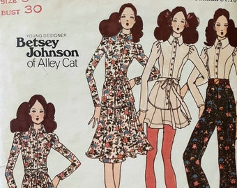 Vintage 70s Butterick 6535 Junior Fit and Flare Princess Seam Top, Flip Skirt and Trousers Sewing Pattern by Betsey Johnson Size 5 Bust 30