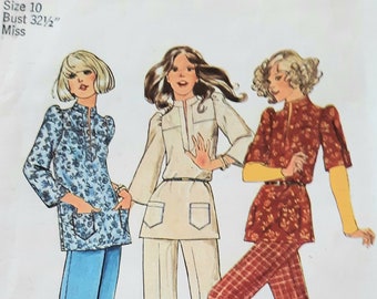 Vintage 70s Simplicity 6676 Misses Smock Túnica Top con opciones de manga más pantalones Patrón de costura Tamaño 10 Busto 32.5