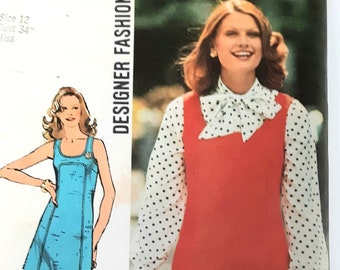 Vintage 70s Simplicity 5418 Misses Jumper and Blouse or Sleeveless Dress with Seam Interest Sewing Pattern Size 12 Bust 34