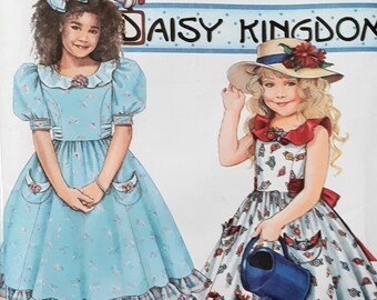 Vintage 90s Simplicity 8384 9947 UNCUT Daisy Kingdom Toddler Girls Full Skirt Dress with and Ruffle Collar Back Tie Sewing Pattern