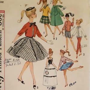 Vintage 60s Simplicity 4700 Barbie Doll Clothing, Evening Dress, Capri Pants, Coat and Skating Outfit Sewing Pattern